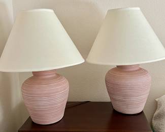 Pair of Large Ceramic Table Lamps in Terracotta and White- Large 19" dia. White Shades