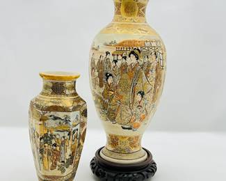 Pair of Japanese Satsuma Ware Vases- Vintage Pair with Multicolored and Gold Gilded Designs