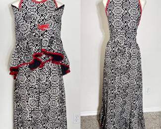 Howard Hirsh Vintage Halter Dress in Black & White Brocade Floral Print with Red Details and Matching Wrap