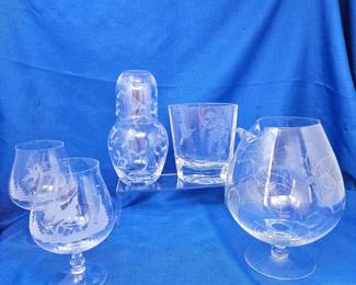 Vintage Crystal Glassware Set with Elegant Etched Designs - Brandy Glasses & Unique Decanter, Vase and Bedside Water