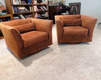 Pair of Selig Monroe Mid-Century Modern Brown Bucket Swivel Lounge Chairs