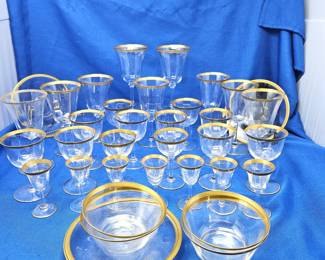 - Vintage Crystal Stemware Set 22K Gold Rim & Base: Wine, Cordials, Dessert Bowls Elegant 32pc