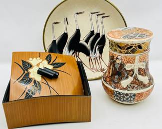 Vintage Asian Decorative Items Lot- Ceramic and Brass Crane Plate, Incense Vase/Jar, Small Decorative Box with lid