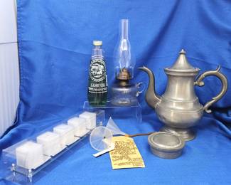 Vintage Lamp Oil Bottle, Glass Lantern, Pewter Coffee Pot (Antique) & Candle Holders Set