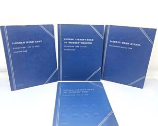 Lot #214 - Lot of 4 Whitman Coin Folders Lincoln Cent, Barber Quarter Dime, Liberty Nickel w/ Some Coins– Vintage Blue Books