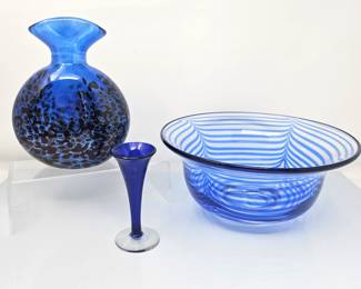 Elegant Blue Art Glassware Set with Hand Blown Feather Pulled Striped Bowl and Decorative Vases