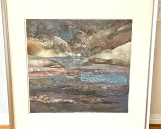 Lot #8 - Framed Original Artwork by Ellen Hill - "Dusk at the Lake" with Watercolor and Lacquer on Paper 37" x 38"