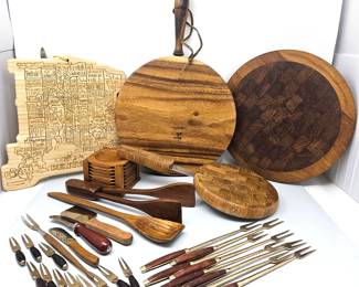Vintage Wooden Kitchen Utensils Set with Stylish Forks and Coasters