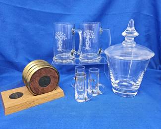 -Vintage Val St. Lambert Apothecary Glass Jar, Vtg Brass & Leather medallion Coaster Set w/ Matching Etched Steins