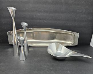 Nambe 568 "Swoop Bowl" Plus Nambe Trio of Candle Sticks & Stainless Steel Boat Shaped Serving Bowl