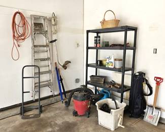 Garage Lot Including Black Plastic Shelving - Includes Gardening and Lawn Items, Plus Ladder and Golf Bag w/ Stand
