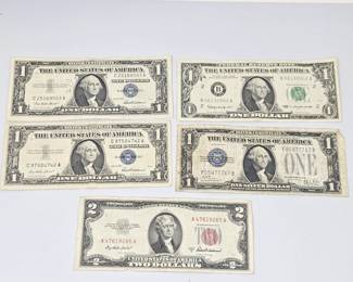 Lot #197- Lot of 5 U.S. Paper Currency –1928 $1 Silver Certificate, 1957 $1 Silver Certificates, 1953 $2 Red Seal, 1963 $1 Note