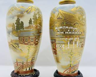 Pair of Large Japanese Satsuma Ware Vases- Vintage Pair with Multicolored and Gold Gilded Designs