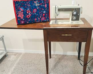 Sears Kenmore Sewing Machine Model 158.14100 with Wood Cabinet and 1969 Flower Power Suitcase for your supplies