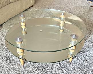 Vintage mid-century modern round two-tier coffee table w/ elegant mix of glass, wood, and metal elements
