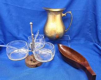 Mid Century Modern Barware Vintage Hammered Gold Finish Pitcher with Glass Nut Serving Bowls and Wooden Scoop Bowl