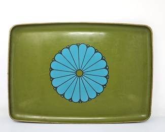 - Vintage Retro 1960's Melamine Serving Tray in Olive Green w/ Turquoise Flower Design