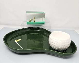Green Golf-Themed Decorative Tray Set with White Golf Ball Cup and Glass Golf Figurine / Paper Weight