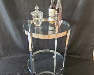 Lot #14 - Vintage Mid-Century Modern Chrome & Glass Round Bar Cart on Casters - Top and Lower Shelf