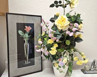 Floral Arrangement in Decorative Ceramic Vase with Framed Artwork - Cross stitch Bud Vase with Rose