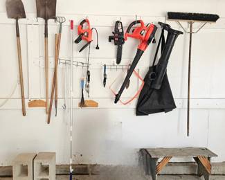 Garage Lot Including Black Plastic Shelving - Includes Gardening and Lawn Items, Plus Ladder and Golf Bag w/ Stand