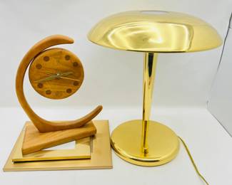 Mid-Century Modern Brass Table Lamp, Photo Frames and Wooden Clock Set