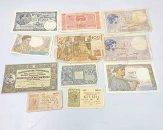 Lot #218 - Lot of 11 Vintage European Banknotes France Italy Switzerland 1 Lira–100 Francs Mixed Currency