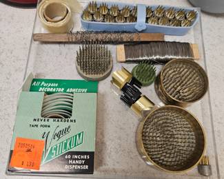 #50 (A) - Vintage Floral Frog Lot – 15+ Pieces Spiked Kenzan, Wire, Tape & Tools – Ikebana Flower Arranging Kit