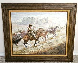 Large - Original Oil on Canvas Wall Art "Cattle Drive" Framed - 39" x 33" - Western Cowboy Art