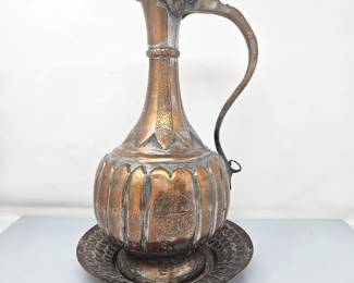 Lot #20 - Traditional Middle Eastern ibrik (also known as an ewer or dallah), w/ Tray Underneath