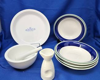Vintage White Stoneware Bowls and Mortar with Pestle Set & Cornflower Corning Ware Pie Plate