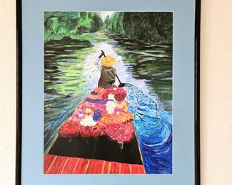 Original Art - Paint on Canvas - Calming Boat on a River Filled with Flowers 21.5" x 25.5"