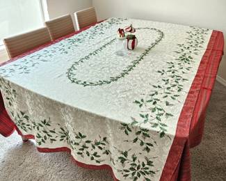 Lenox Holiday-Themed Tablecloth with Red Trim and Botanical Design - Plus Additional Christmas Decor