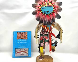 Colorful Handcrafted Navajo Kachina Doll with Authentic Native Patterns "Sun face". Plus Book on Navajo Rugs