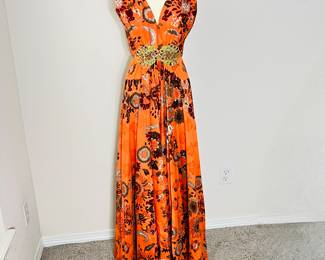 Amazing Mod Lord & Taylor 1960s Orange Floral Maxi Gown -small