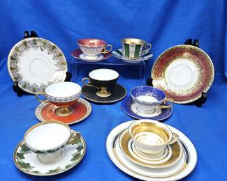 Antique German Demitasse Tea Cups & Saucers Lot of 9: Beyer & Bock, PASCO, Tirschenreuth, Winterling