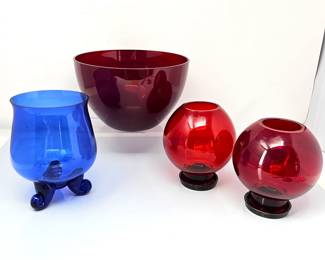 - Vintage Multi-Colored Decorative Glass Set - Red and Blue - Candle Holders & Serving Bowl
