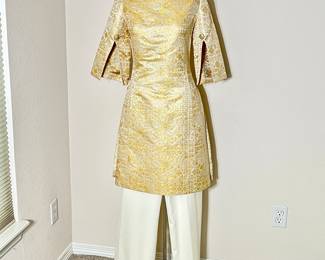 Vintage 1950s Gold Metallic Floral Brocade Ensemble- Bateau Top, Vented Sleeve, Side Slits, and Ivory Silk Pants