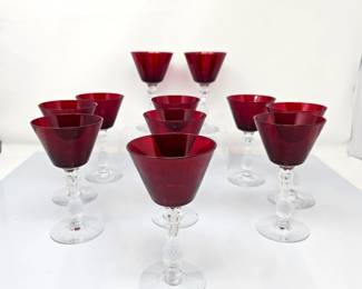- Set of 11 Ruby Red Wine Glasses with Clear Stems