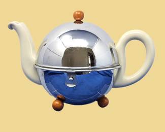 Vintage Porcelain & Chrome Cozy Teapot with Felt Lined Warmer Cover & Wood Feet