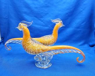 Lot #5 - Pair of Murano Sommerso Art Glass Large Pheasant Birds in Orange w/ Gold Flecks - Designed by Alfred Barbini!