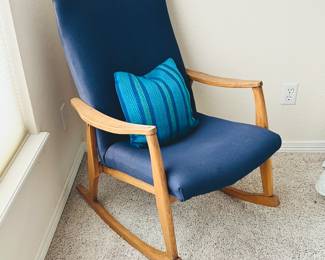 Mid-Century Modern Rocking Chair reupholstered in navy blue fabric with a wooden frame