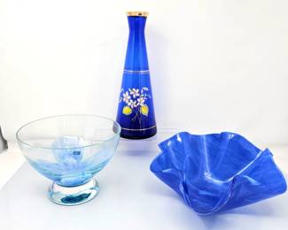 Beautiful Blue Art Glass Collection: MCM Blue Bowl w/ Wavy Edges, Caithness Tranquility Bowl & Hand Painted Vase