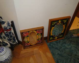 Wood framed, stained glass pieces, one with a mirror too