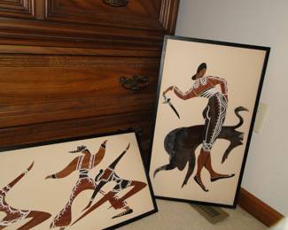 Decorative panel art piece featuring stylized figures, maybe warriors, maybe dancers. Mid Century Modern for certain. This is 3 of 3 that we have