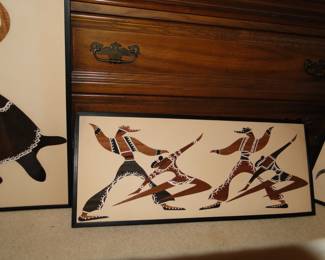 Decorative panel art piece featuring stylized figures, maybe warriors, maybe dancers. Mid Century Modern for certain. This is 1 of 3 that we have