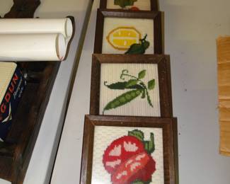 Small crossed stitched fruit and vegetable pieces