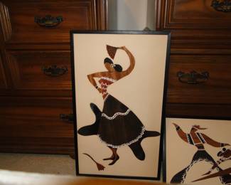 Decorative panel art piece featuring stylized figures, maybe warriors, maybe dancers. Mid Century Modern for certain. This is 2 of 3 that we have