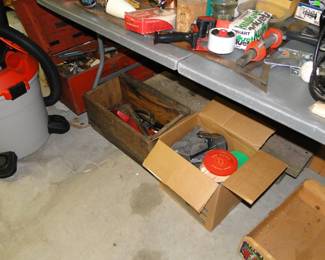 Vintage wooden box, tools, sundries and more