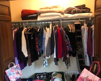 Quality clothing sizes small to large, designer, Talbots, Coldwater, Creek, Alfred Dunner , L.L. Bean, Eddie Bauer, etc. shoe sizes are 6 and 7. Loads of purses, make up bags and wallets.